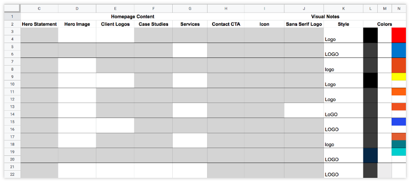 spreadsheet comparing homepage content and visual notes