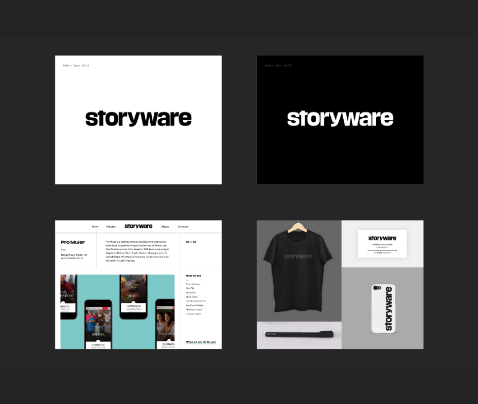 positive and negative wordmark, wordmark in header on case study, on tshirt, business card, pen, and phone case