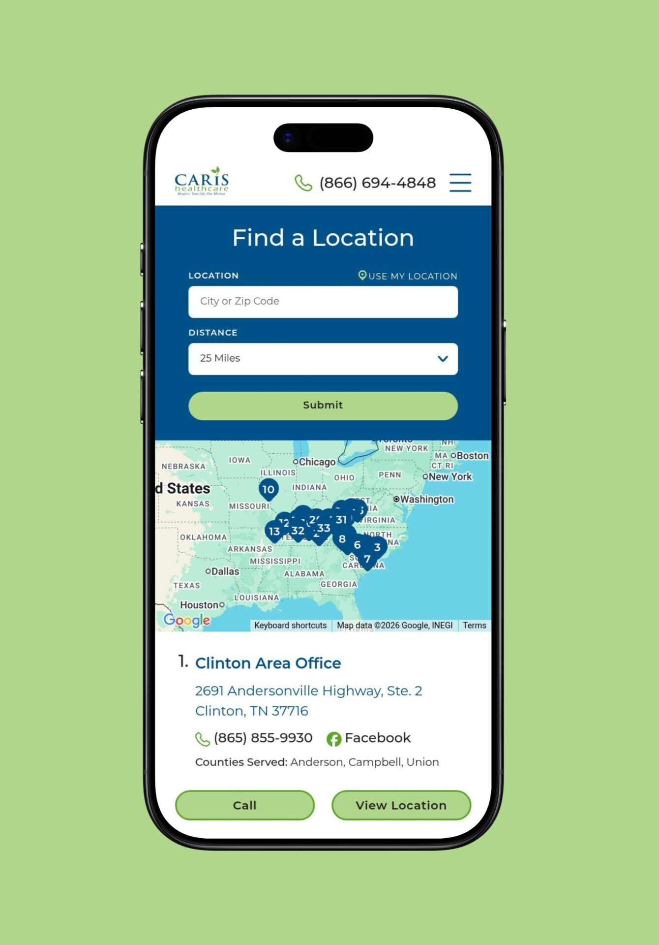 Caris Healthcare Locations page on iPhone Air